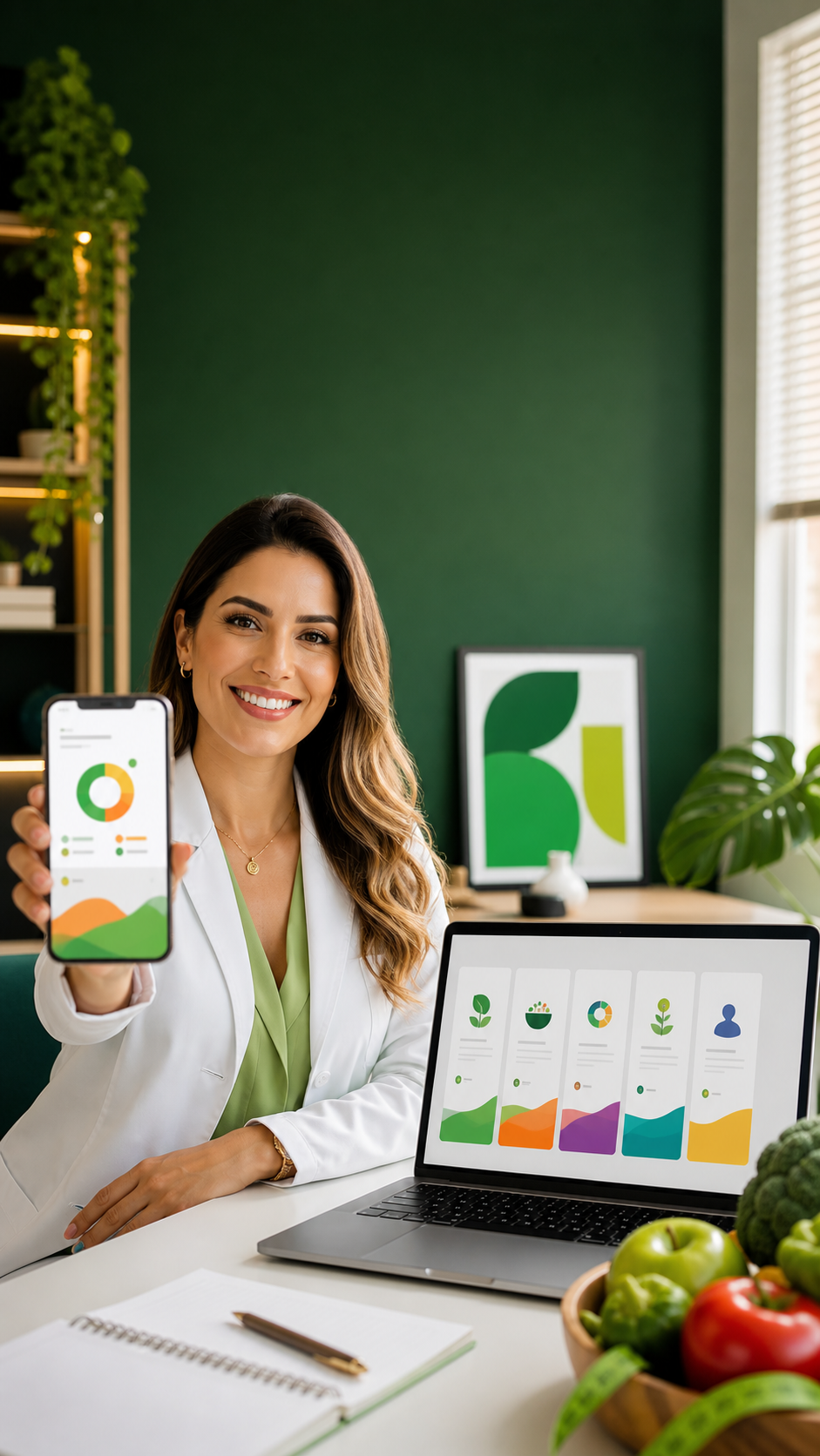 Nutricionista usando um aplicativo de apoio para sua clínica