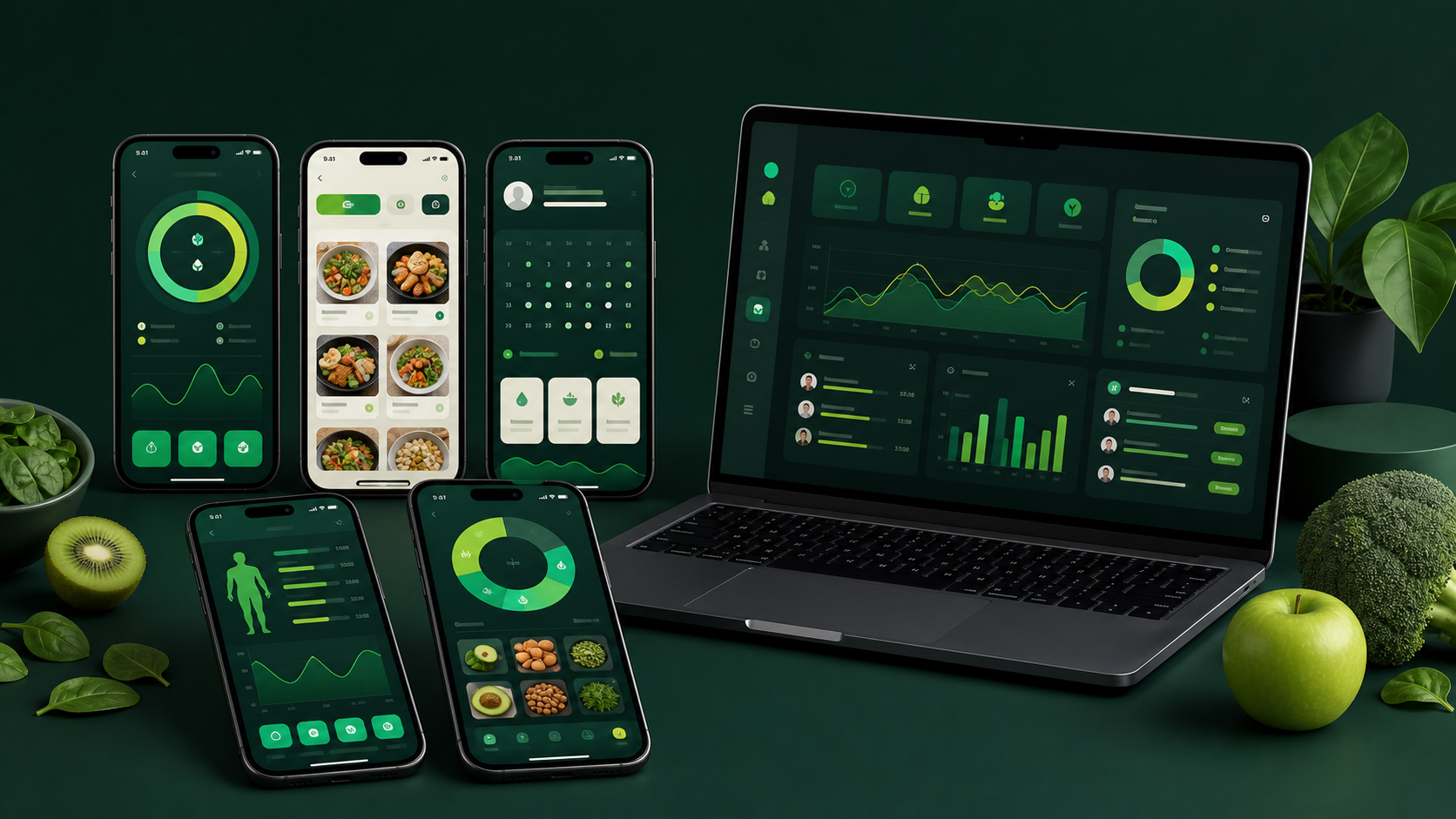 Mockup dos cinco aplicativos do NutriApps IA